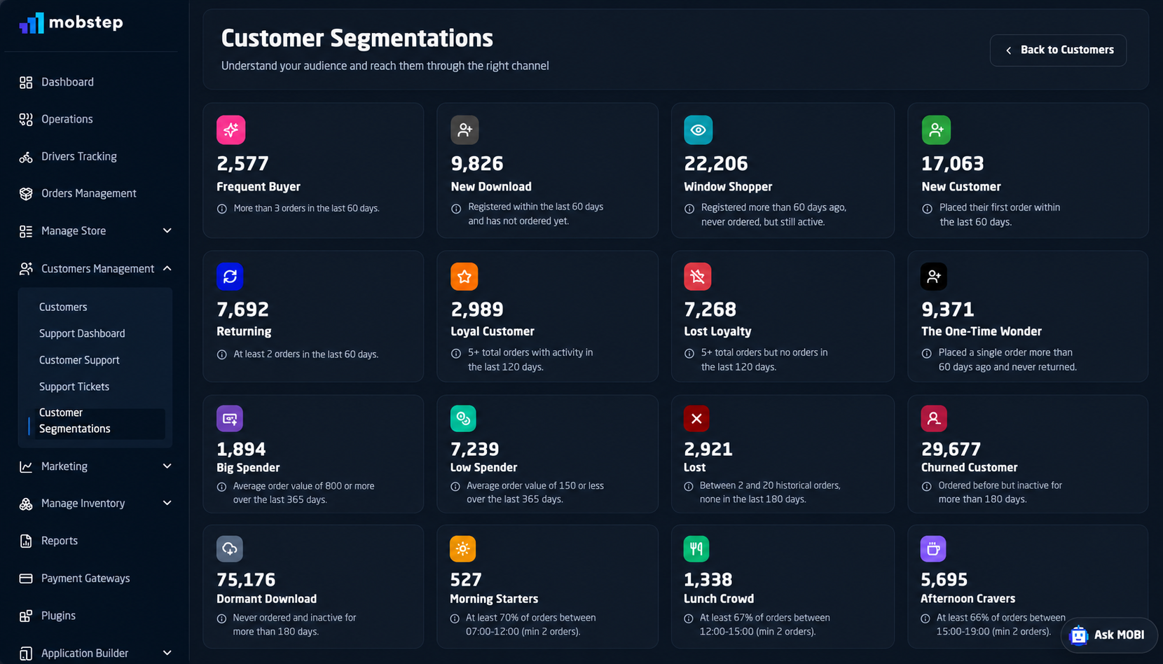 Mobstep customer segmentation and management view