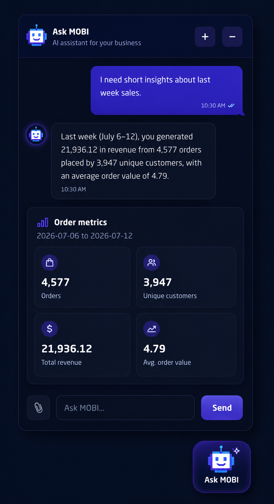 MOBi, Mobstep's AI assistant, answering a business question from live app data