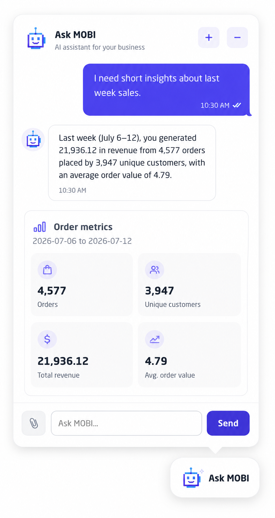 MOBi, Mobstep's AI assistant, answering a business question from live app data